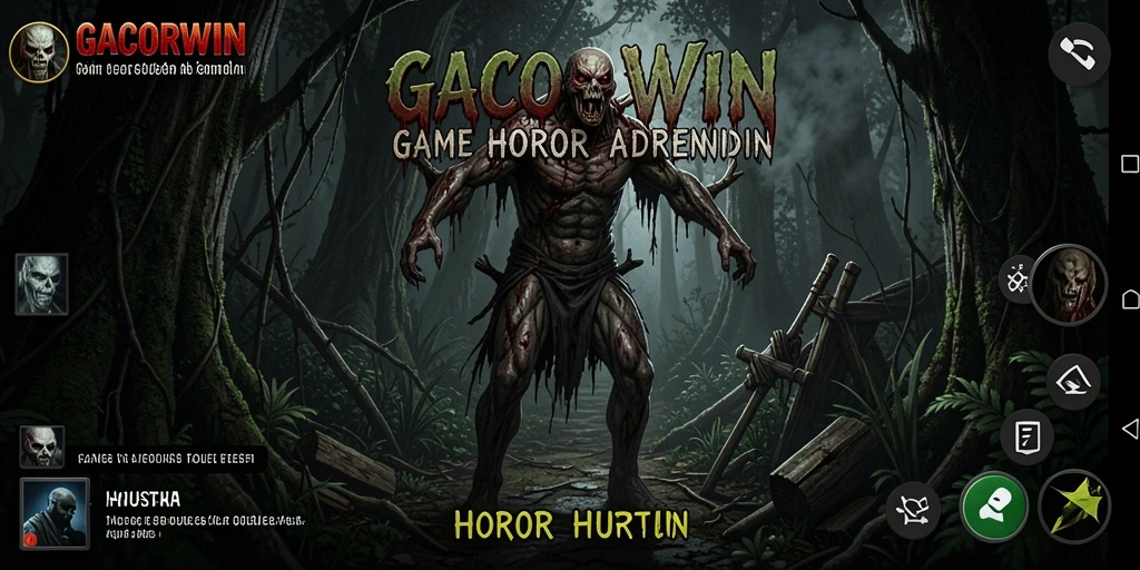 Antarmuka GACORWIN menampilkan suasana horor hutan yang kental.