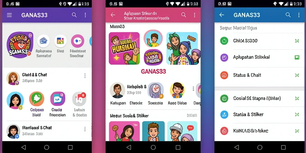 Antarmuka aplikasi GANAS33 dengan pilihan stiker dan status menarik.