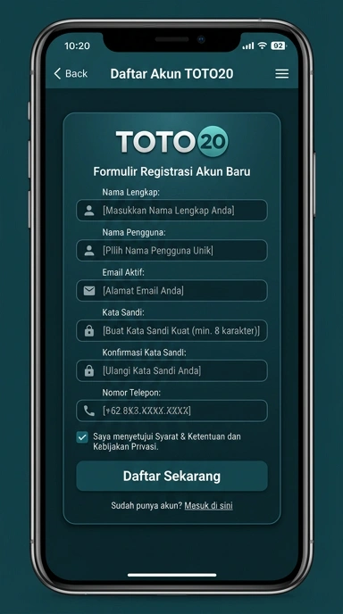 Tampilan halaman daftar toto20