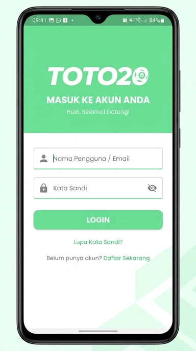 Tampilan halaman login toto20